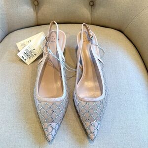 Crystal Embellished Slingbacks, Nude Mesh, Size 8